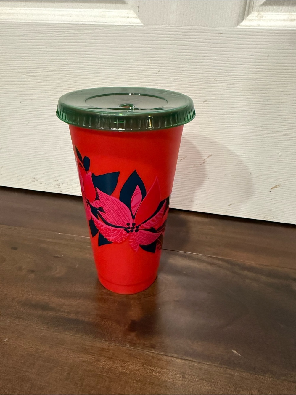 Starbucks Holiday Poinsettia Red Floral Cold Cup Tumbler Green Lid